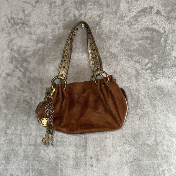 Kathy Van Zeeland Handbags - Vintage Kathy Van Zeeland Brown Suede Hobo Shoulder Bag Croc Embossed Y2K Purse